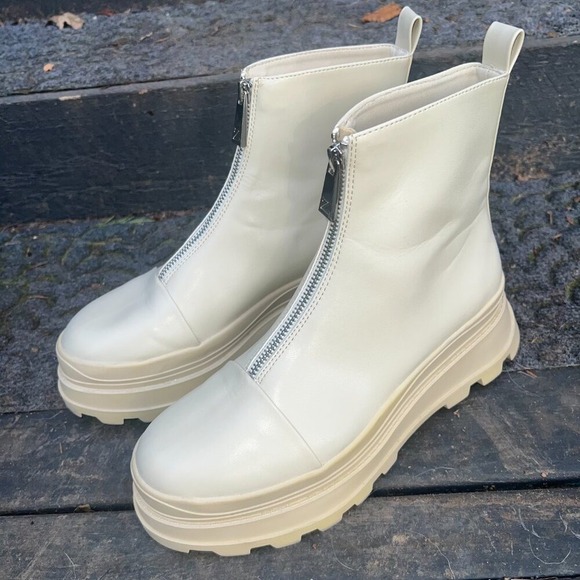 ZARA Ecru Chunky Lug Sole Front Zip Ankle Boots - Picture 6 of 11